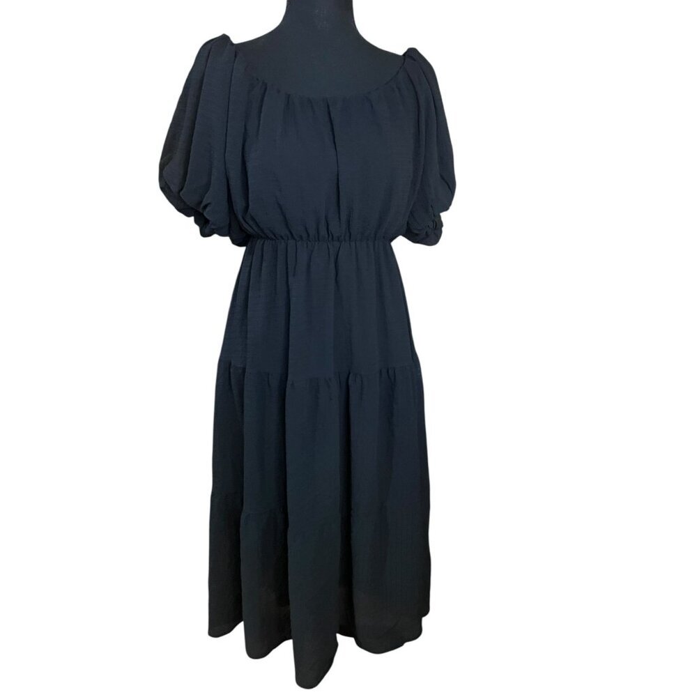 ASTR The Label Black Midi Dress WOMEN S BLACK Puff Sleeves & Smocked Waist - Picture 2 of 8